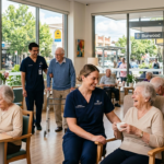 Seniors socializing in a care facility